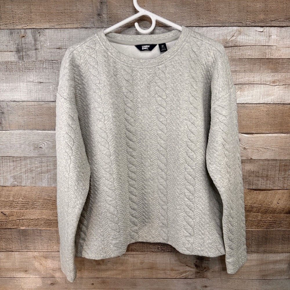Lands End Womens Quilted Cable Knit Sweatshirt Heathered Grey Oversized Medium
